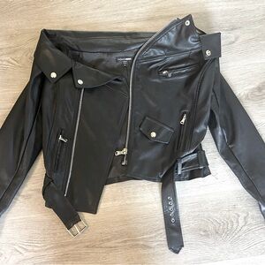 Off The Shoulder Faux Leather Biker Jacket